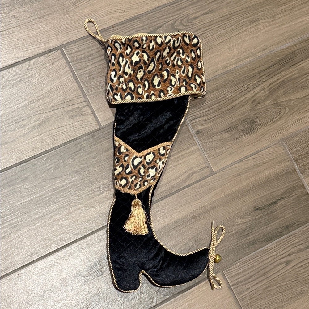 Leopard Print and Black Velvet Christmas Stocking